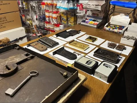 Locks laid out on the workshop bench